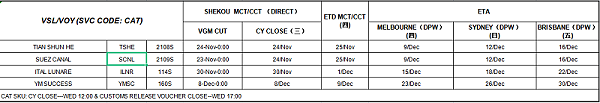 CAT 深圳出口澳洲线船期表