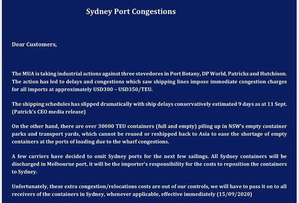 出口澳大利亚注意，悉尼港口拥堵，船司跳港